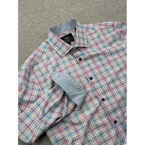 WRK Mens 15.5 Purple Blue Pink Plaid 4-Way Stretch Flip Cuff LS  Button UP Shirt